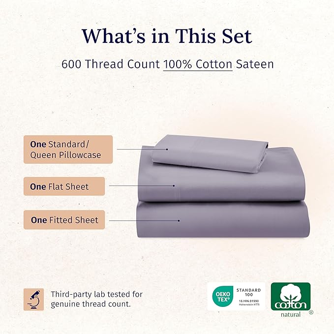 California Design Den - 5 Star Hotel Twin XL Sheet Set 100% Cotton Sheets, 600 Thread Count Sateen, Deep Pocket, Soft & Crisp Hotel-Quality Bedding, Twin XL Sheets (Lavender)