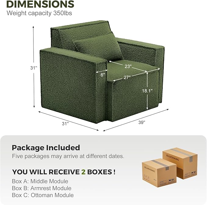 ELUCHANG Oversized Accent Chair Set of 2,Modern Boucle Sofa Chair with Strong Wood Frame,High Supportive & Soft Sponges,Comfy Upholstered Armchair Reading Chairs for Living Room Apartment Green