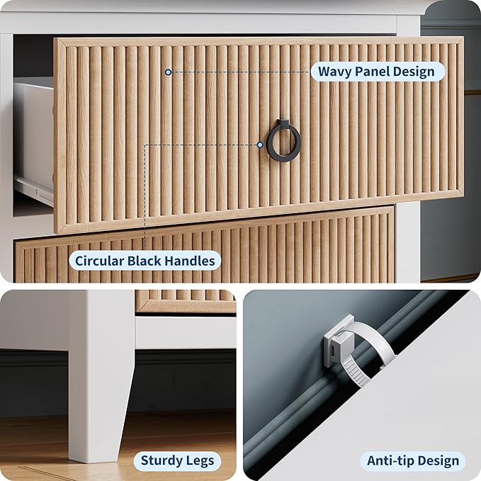 GarveeHome 6 Drawer Dresser for Bedroom，Waveform Fluted Chest with Large Drawer, Wooden Chest of Storage Cabinet, Fluted Dressers for Bedroom Living Room Hallway Closet, Anti-Tipping