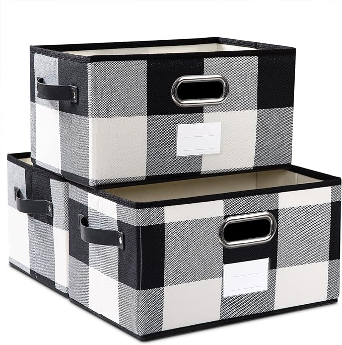 PRANDOM Fodable Storage Bins for Closet [3-Pack] Decorative Fabric Storage Baskets Cubes with Leather/Metal Handles for Shelves Bedroom Living Room Black and White Grid (11.5x8.5x6.7 Inch)