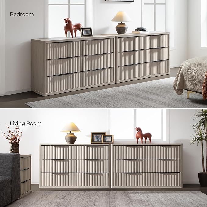 SICOTAS Dresser for Bedroom 6 Drawer Dressers & Chests of Drawers for Closet Long Large Modern TV Stand Set for Clothes Storage Fluted Wide Clothes Closet for Hallway Entryway (White Alder, 2 Pieces)