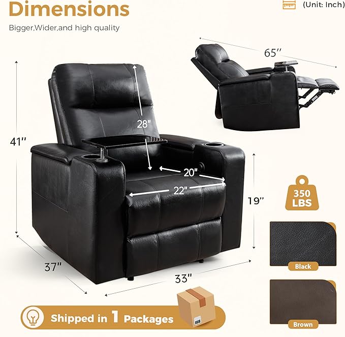 ANJ Black Power Recliner Chair Electric Home Theater Seating Soft Leather Movie Chair for Living Room Overstuffed Single Reclining Sofa with Hidden Arm Storage, Cup Holders and USB Ports (Black)