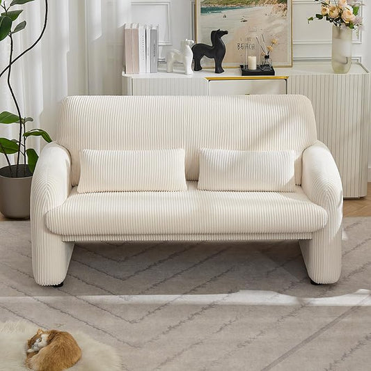 56'' Corduroy Loveseat Sofa, 2 Seater Love Seat Couch for Small Space, Comfy Upholstered Modern Leisure Loveseat Couches with Lumbar Pillows for Bedroom, Office, Living Room, White