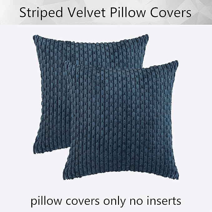 Kevin Textile 2 Packs Blue Decorative Throw Pillow Covers 22x22 Inch for Living Room Couch Bed Sofa Soft Striped Corduroy Square Cushion Case 55x55 cm Rustic Farmhouse Boho Home Decor