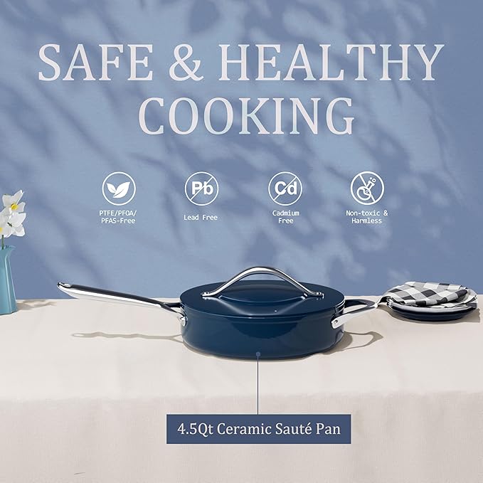 Nonstick Ceramic Sauté Pan with Lid (4.5 qt, 11"), Deep Frying Pan for All Cooktops - Non Toxic, PTFE/PFOA/PFAS Free, Dishwasher & Oven Safe up to 500°F - with Stay Cool Handle - Navy Blue