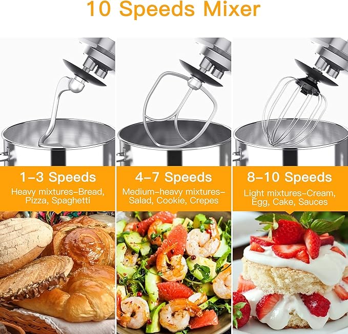 Stand Mixer 7.5QT 10-Speed 660W Tilt-Head Kitchen Electric Food Cake Mixer with Stainless Steel Bowl, Whisk, Dough Hook, Beater & Splash Guard, Silver
