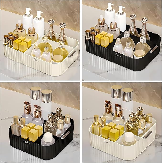 DASITON Large Capacity Makeup Organizer,12 Slots Makeup Brush Holder,Makeup Storage with Handle,Vintage Striped Cosmetic Organizer for Bathroom Countertops,Desk Storage Container(Cream)