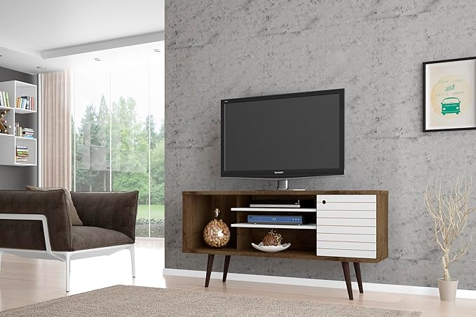 Manhattan Comfort Liberty Mid Century Modern TV Stand for Televisions up to 50 Inches, Bedroom and Living Room Entertainment Center with Storage, Shelves, and Cabinet, 53" Wide, Rustic Brown/White