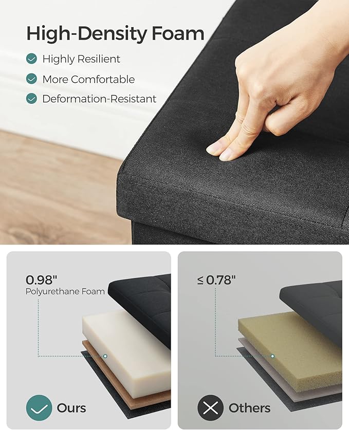 SONGMICS MAZIE Collection - 43 Inches Folding Storage Ottoman Bench, Ottoman Foot Rest, End of Bed Bench, Storage Chest, Load 660 lb, for Living Room, Bedroom, Entryway, Ink Black ULSF077B01