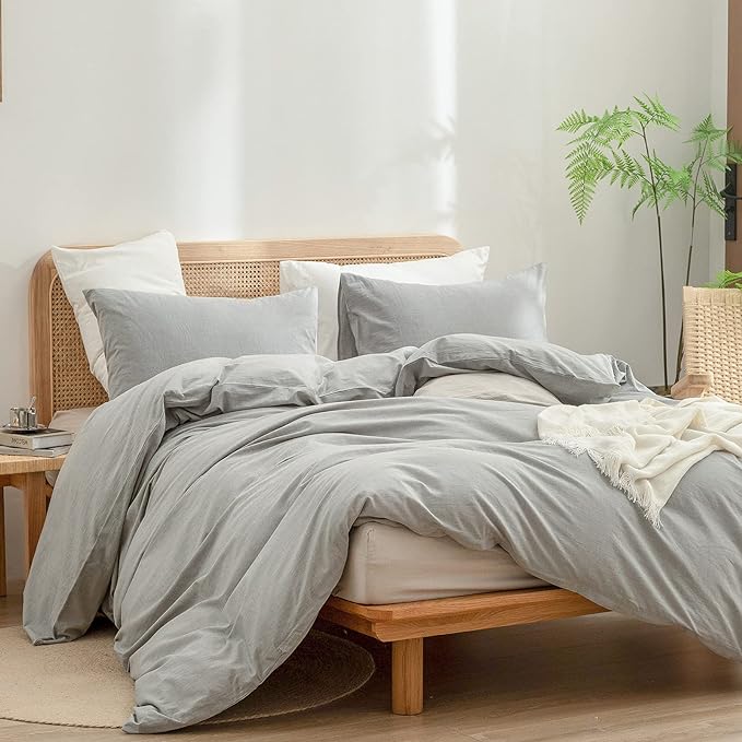 BESTOUCH Duvet Cover Set 100% Washed Cotton Linen Feel Super Soft Comfortable Chic Lightweight 3 PCs Home Bedding Set Solid Light Grey Oversized Queen