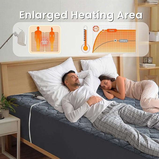 King Size Heated Mattress Pad Sherpa Electric Mattress Pads Electric Bed Warmer Fit up to 21" with 6 Heat Settings Dual Controller 10 Hours Auto Shut Off, Dark Gray