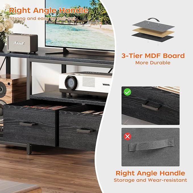 Homeiju TV Stand for TVs up to 75 Inch, Entertainment Center with Fabric Drawers, TV Media Console Table with Open Storage Shelves for Living Room, Bedroom, Black