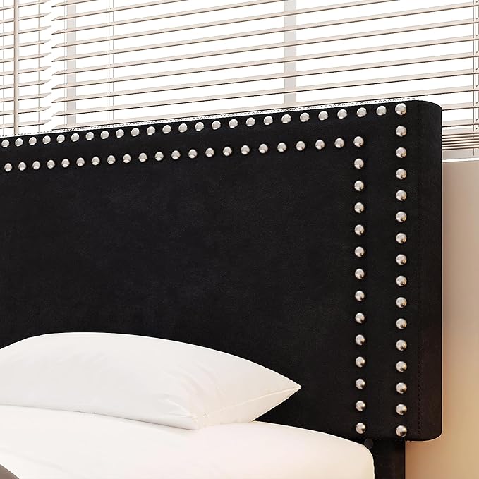 VECELO Queen Size Bed Frame with Adjustable Upholstered Headboard, Wooden Slats Platform, Noise-Free Design, No Box Spring Needed, Easy Assembly