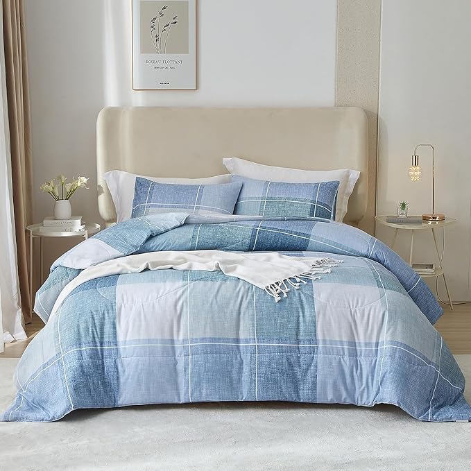 mixinni Blue Gingham Comforter Set Queen, Plaid Comforter Set 3 Pieces 1 Blue Grid Comfoter with 2 Pillow Cases for All Seasons, Soft Fluffy Modern Grid Pattern Printed Bedding-Queen Size
