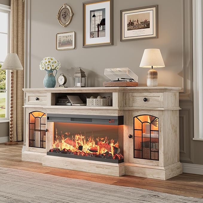 QUW 70" Farmhouse Fireplace TV Stand for TVs up to 80", Entertainment Center with 36" 3-Side Glass Electric Fireplace with Open Shelf and Cabinet, TV Console for Living Room, Antique Brush Grey