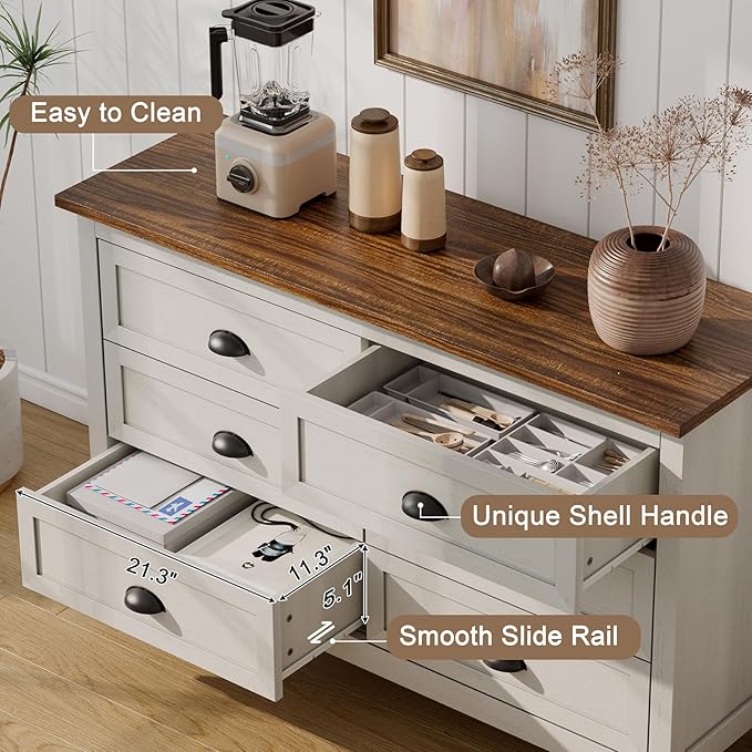 6 Drawer Dresser, Farmhouse Dresser for Bedroom, Antique White Chest of Drawers, Modern Double Dressers for Bedroom, Closet