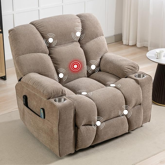 CANMOV Oversized Power Lift Recliner Chair for Elderly, Dual Motor Electric Heavy Duty Lift Recliner with Massage, Heating, with USB Port,Cup Holders and Pockets, Brown