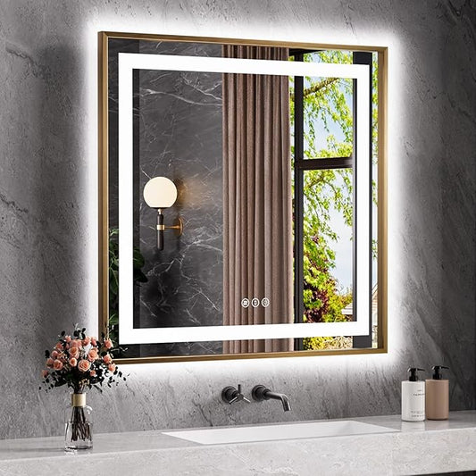 Amorho 36"X36" Gold LED Bathroom Mirror, Metal Framed Mirror with Front Light and Backlit, Stepless Dimmable, Anti-Fog, Shatter-Proof, Memory, 3 Colors