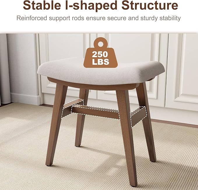 Solid Wood Small Vanity Stool, Compact Makeup Chair with Saddle Cushion, Linen-Covered High Rebound Sponge Seat, Easy Assembly Footstool for Bedroom, Entryway, Home, Walnut