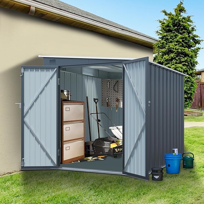 6x8FT Galvanized Steel Outdoor Storage Shed with Lockable Double Doors, Metal Lean to Shed with Free PC Light Board for Tools, Bikes & Patio Essentials (Without Floors)