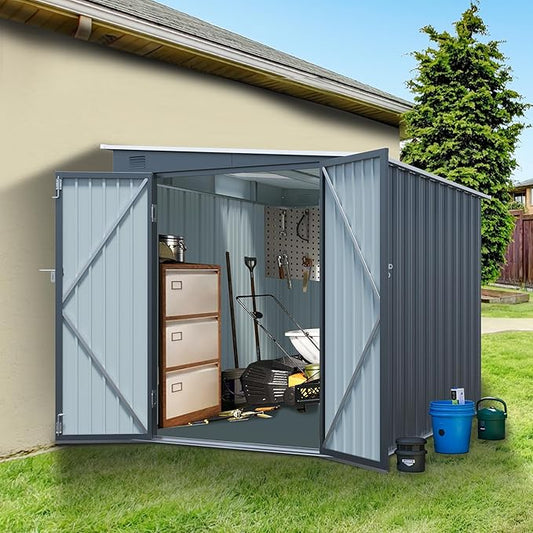 6x8FT Galvanized Steel Outdoor Storage Shed with Lockable Double Doors, Metal Lean to Shed with Free PC Light Board for Tools, Bikes & Patio Essentials (Without Floors)