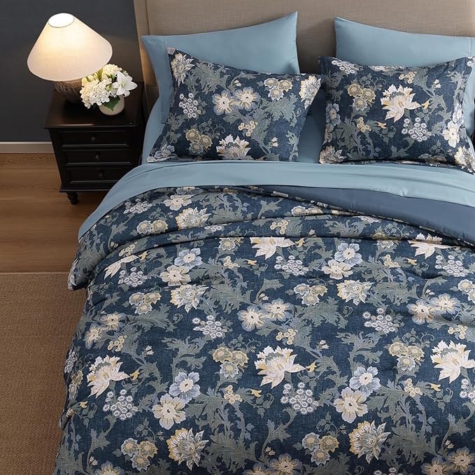 Queen Comforter Set -7 Pieces Floral Navy Blue Comforter Set for All Seasons, Bed in a Bag Queen with Botanical Flowers Comforter, Sheets, Pillowcases & Shams