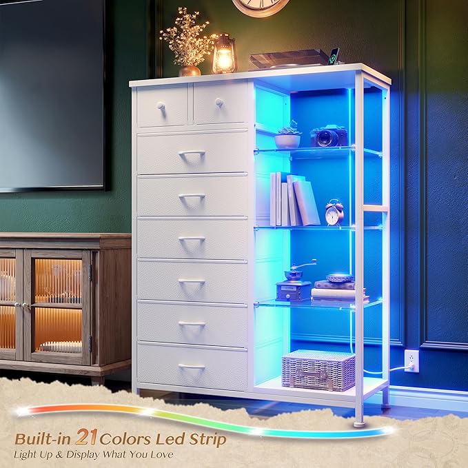 EnHomee Dresser for Bedroom with LED Lights & Power Outlets Tall Dresser with 8 Drawers Fabric Dressers & Chests of Drawers for Bedroom, Closet, Sturdy Metal Frame, Acrylic Plates (White)