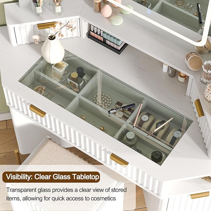 48'' Modern Vanity Desk with HD Triple Mirror & Lights,Large Corner Vanity Table with Glass Top, Charging Station,1Multifunctional Drawers & 2 Small Drawers, Dressing Table Set with 2 Cabinets, White