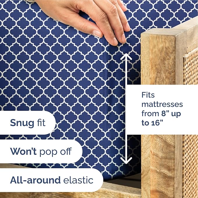 Blue Geometric Bed Sheets - 1 Flat & 1 Fitted Sheet & 2 Pillowcases w/ Deep Pockets – Wrinkle & Fade Free- Ultra-Soft, Breathable and Cooling - Luxury Moroccan Bed Set – Queen Size - Navy Quatrefoil