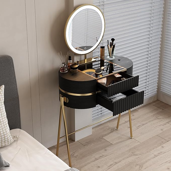 Makeup Vanity with Mirror and Lights - with LED Mirror,Very Easy to Assemble,Glass Top for Bedroom,Stainless Steel Foot