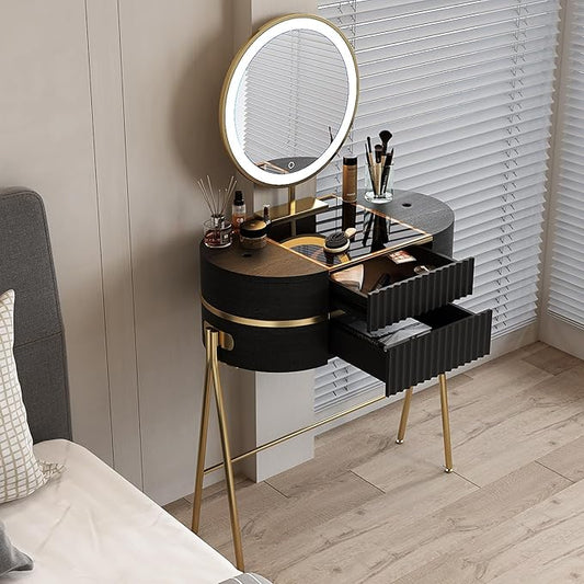 Makeup Vanity with Mirror and Lights - with LED Mirror,Very Easy to Assemble,Glass Top for Bedroom,Stainless Steel Foot
