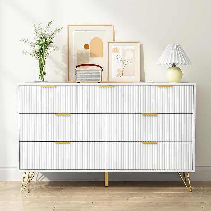 White Dresser for Bedroom, 7 Drawers Dresser with Golden Handles, Modern Wood Chest for Living Room, Hallway, Entryway