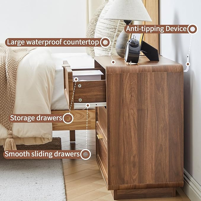 Modern Nightstand Set of 2 for Bedroom, 26'' Wide Wood 3 Drawers Bedside Table, Large Dresser w/Curved Profile Design, Side Table, End Table with Storage Drawers for Living Room, Entryway, Walnut