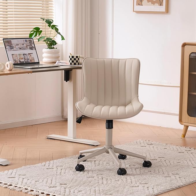 YOUNIKE Cream Home Office Desk Chair with Wheels Armless Compact Comfy Vanity Chair with Adjustable Back Modern Small Leather Upholstered Rolling Swivel Cute Computer Task Sewing Chair No Arms
