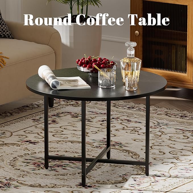 Round Coffee Table, Small Coffee Tables for Living Room, Wood Coffee Table with Metal Frame, Floor Table Desk for Sitting on The Floor, Home, Office, Farmhouse, Black (23.6" D x 17.7" H)