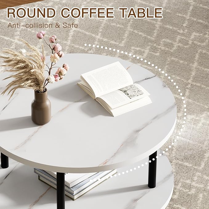 Round Coffee Table, 23.6" Circle Coffee Table for Living Room, 2-Tier Wood Accent Center Table with Open Storage Industrial Design Home Furniture, White