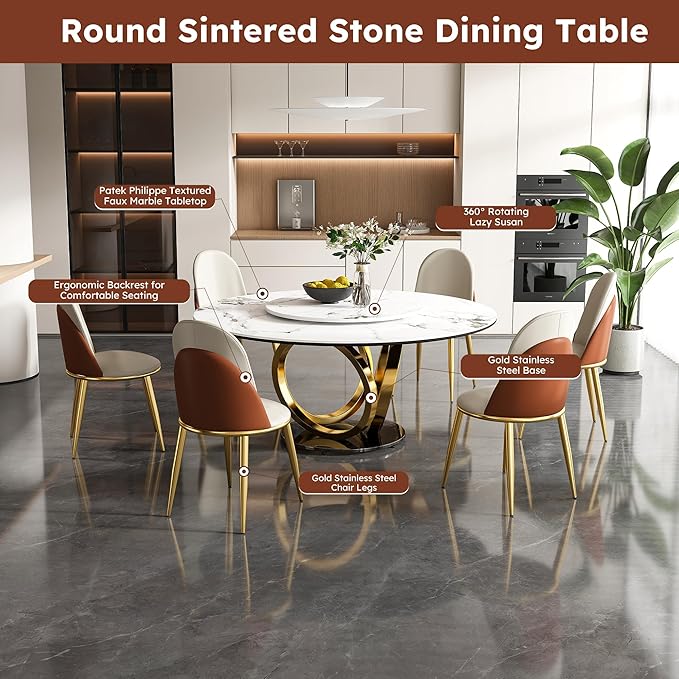 Dining Table Set with 6 Chairs, 59" Round Modern Marble Dining Table with Lazy Susan, Sintered Stone Top for Kitchen, Dining Room, Dinette