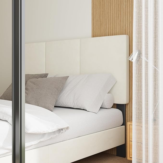 King Bed Frame with Headboard, Vertical Channel Tufted Heavy Duty King Size Bed Frame, No Box Spring Needed, Easy Assembly, Platform Bed Frame with Headboard, Beige