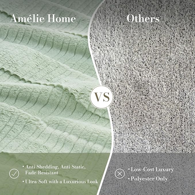 Amélie Home Luxury Striped Faux Fur Throw Blanket for Couch, Embossed Split Fur Cozy Fuzzy Fluffy Luxurious Soft Plush Sofa Chair Bed Gift Blankets for Women Men Wife Friend, 88"x90", Sage Green