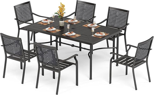 PHI VILLA Outdoor Conversation Furniture Dining Table and Chairs Set of 7 Pieces Patio Dining Set Metal Large 1.77" Umbrella Hole Table for 6 Person Wrought Iron Bistro Dining Chairs
