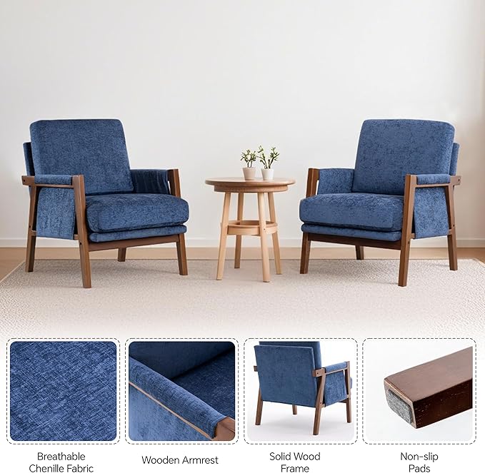 Mid Century Modern Accent Chair with Wood Frame, Upholstered Living Room Chairs with Wide Armrest, Chenille Fabric Lounge Reading Arm Chair for Bedroom, Reading Room, Balcony, Navy