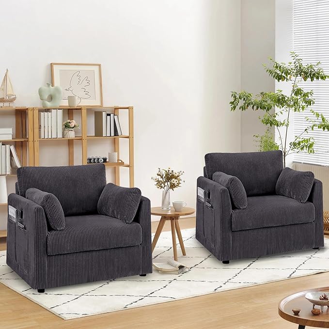 Accent Chair Set of 2 Living Room Chairs in Corduroy Fabric,Reading Chair Sofa Couch for Apartment Bedroom and Small Spaces.(Grey, 2 Chairs)