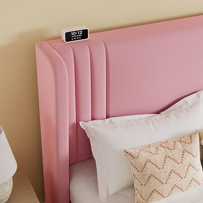 SHA CERLIN Full Size Velvet Upholstered Platform Bed Frame with Vertical Channel Tufted Wingback Headboard, Wooden Slats Support, Easy Assembly, Under Bed Storage, No Box Spring Required, Pink