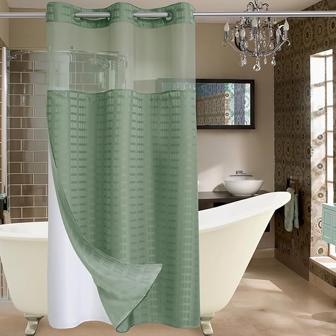 Conbo Mio Stall No Hook Sage Green Shower Curtain with Snap in Liner Set, Hotel Luxury Shower Curtains for Bathroom with See Through Top Window, Waterproof, Washable 36W x 74H