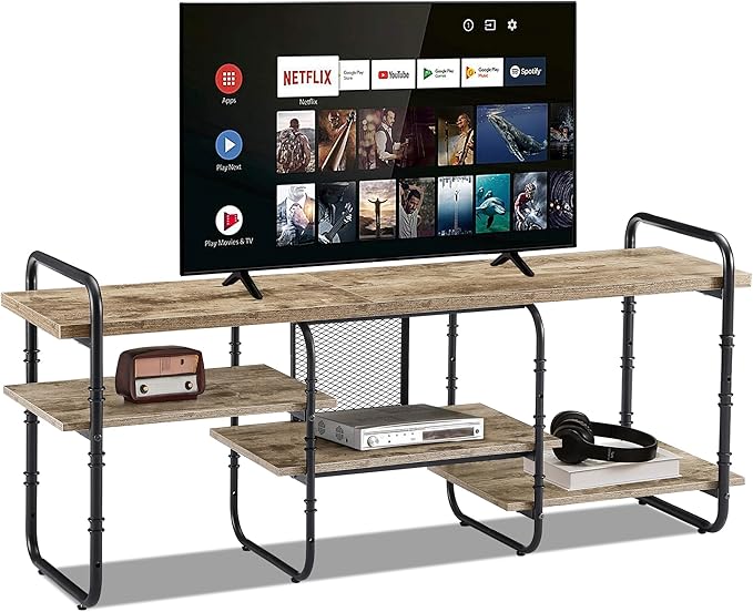 VECELO TV Stands for 55 Inch,Entertainment Center/Media Console Table with Adjustable Storage Shelves for Living Room/Bedroom,Grey