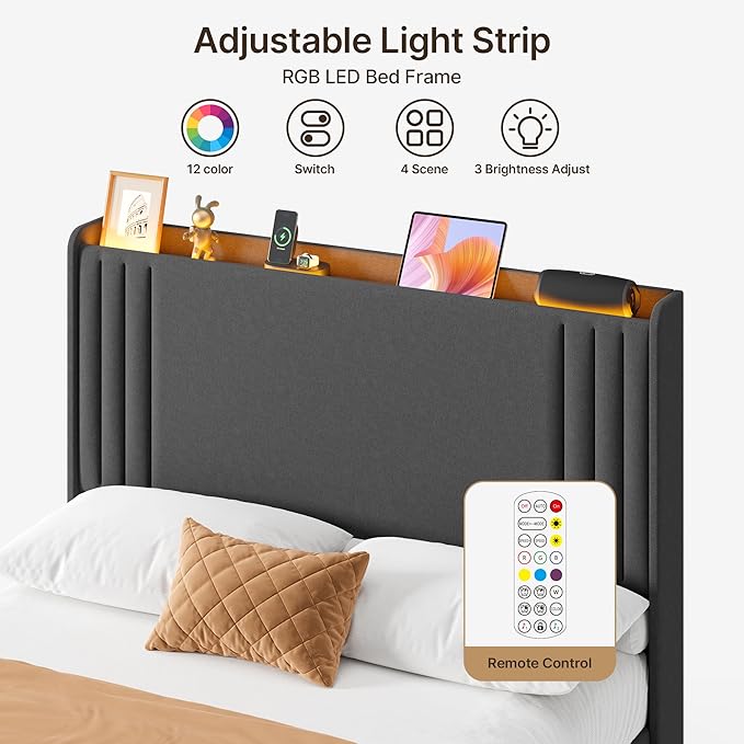 Gizoon Full Bed Frame with Charging Station and LED Lights,Upholstered Wingback Platform Bed with Wooden Slats,Noise-Free,No Box Spring Needed