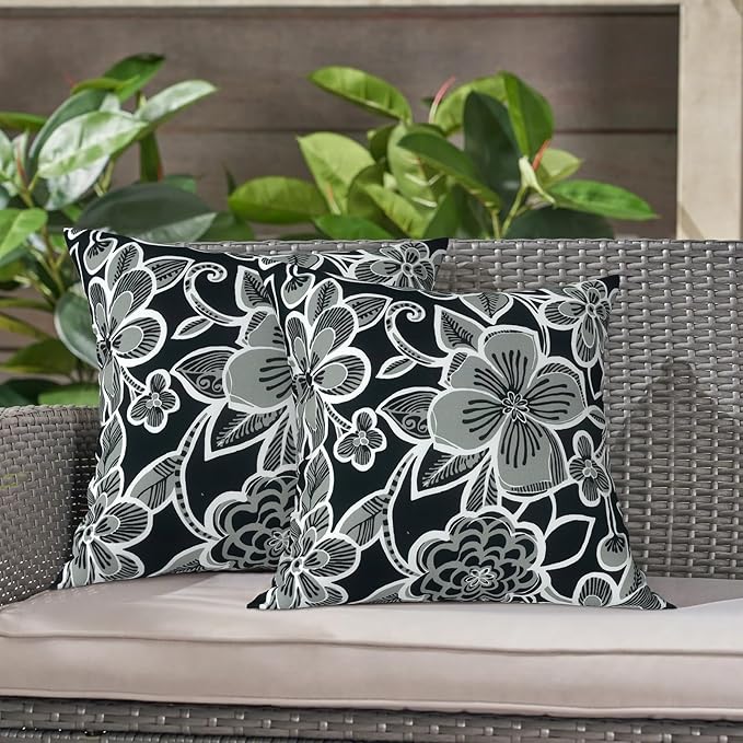 LVTXIII Outdoor Throw Pillows, Decorative Throw Pillows with Inserts, 20"x20" Square Pillows for Bed, Couch, Sofa and Patio Furniture, Set of 2, Flower Black