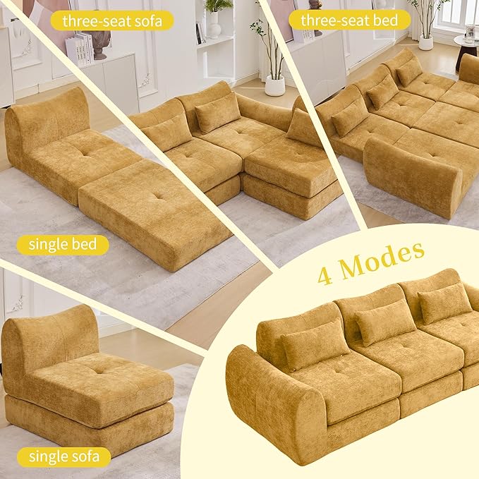 MAXMAXX 102" Modular Sectional Cloud Sofa,4-in-1 Folding Convertible Sofa Bed, Floor Boneless Couch, Modular Cushion Couch,Suitable for Living Room,Bedroom and Recreation Room (Yellow)