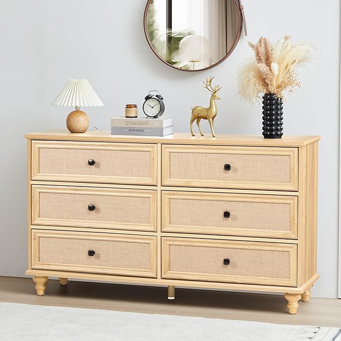 ORRD 6 Drawer Dresser for Bedroom, Mid Century Modern Wide Wood Rustic Chest of Drawers Wooden Storage Organizer Dressers with Burlap Rattan Drawers for Living Room, Hallway Closet, Entryway, Natural
