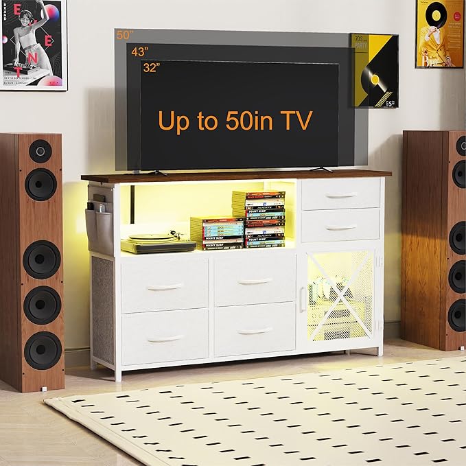 Dresser for Bedroom with LED Lights, TV Stand with Charging Station for 50 inch TV, 6 Drawers Chest with Door and Side Storage, Wide Metal Dresser Table for Living Room, White and Brown